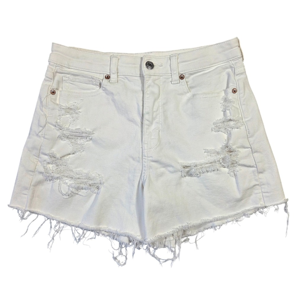 American Eagle White Distressed High Waisted Denim Shorts Womens 4 Boho Frayed